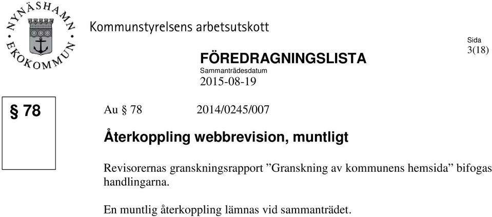 webbrevision, muntligt Revisorernas granskningsrapport Granskning av