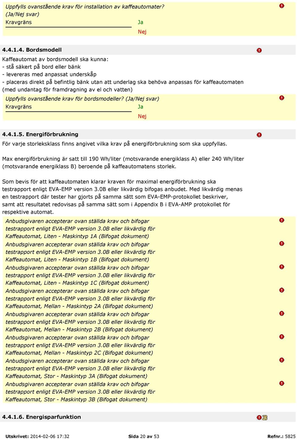 för kaffeautomaten (med undantag för framdragning av el och vatten) Uppfylls ovanstående krav för bordsmodeller? (/ svar) 4.4.1.5.