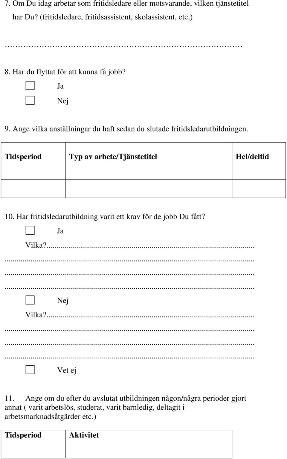 Tidsperiod Typ av arbete/tjänstetitel Hel/deltid 10. Har fritidsledarutbildning varit ett krav för de jobb Du fått? Ja Vilka?............ Nej Vilka?