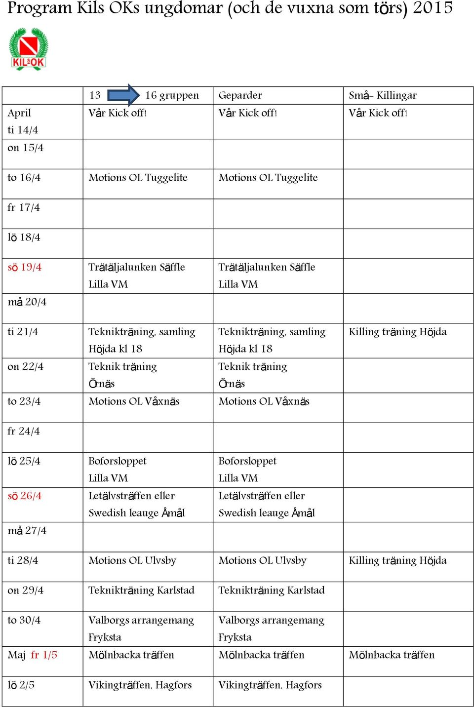 to 16/4 Motions OL Tuggelite Motions OL Tuggelite fr 17/4 lö 18/4 sö 19/4 må 20/4 Trätäljalunken Säffle Trätäljalunken Säffle ti 21/4 Teknikträning, samling Teknikträning, samling on 22/4 Teknik