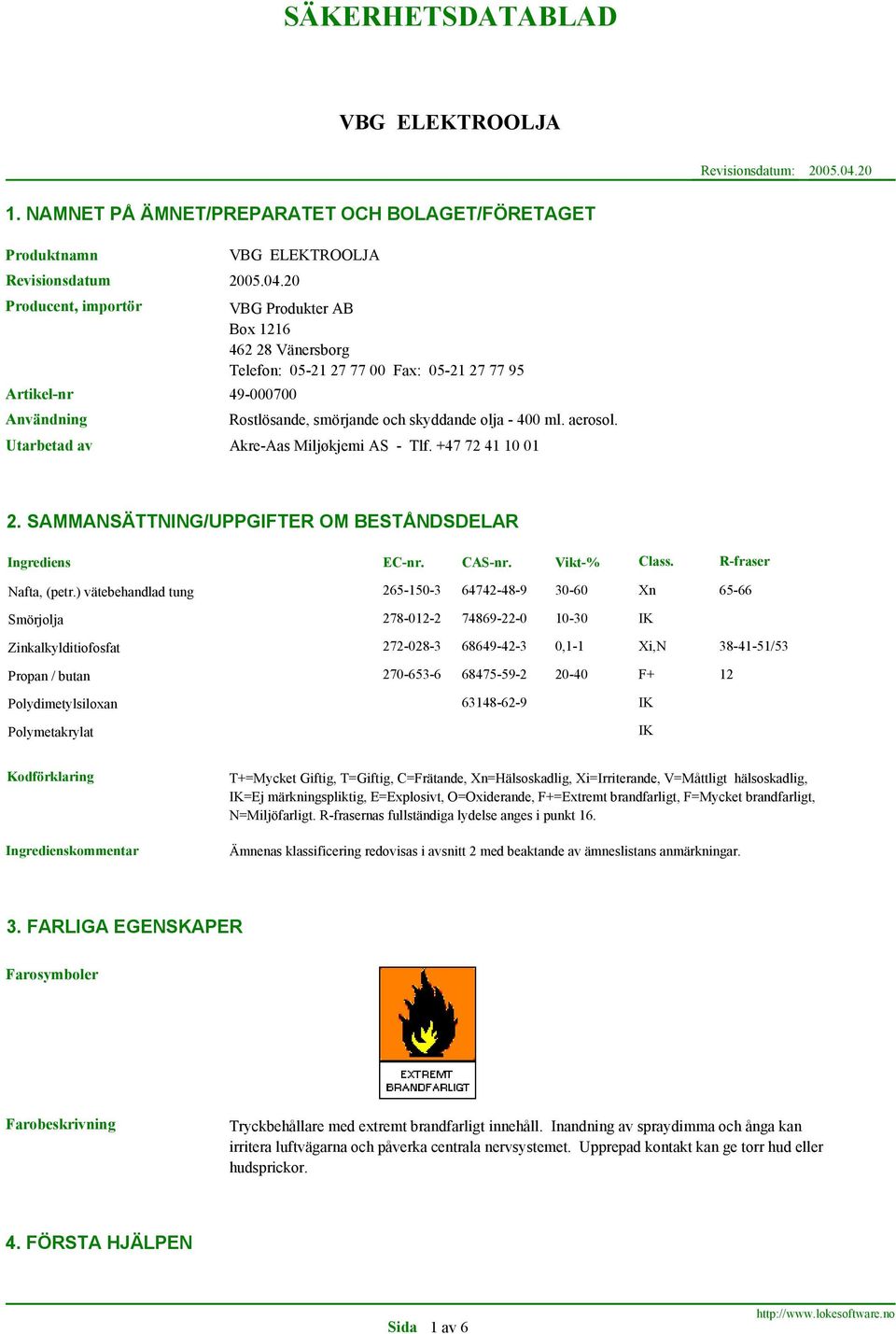 20 Producent, importör Artikel-nr 49-000700 Användning VBG Produkter AB Box 1216 462 28 Vänersborg Telefon: 05-21 27 77 00 Fax: 05-21 27 77 95 Rostlösande, smörjande och skyddande olja - 400 ml.