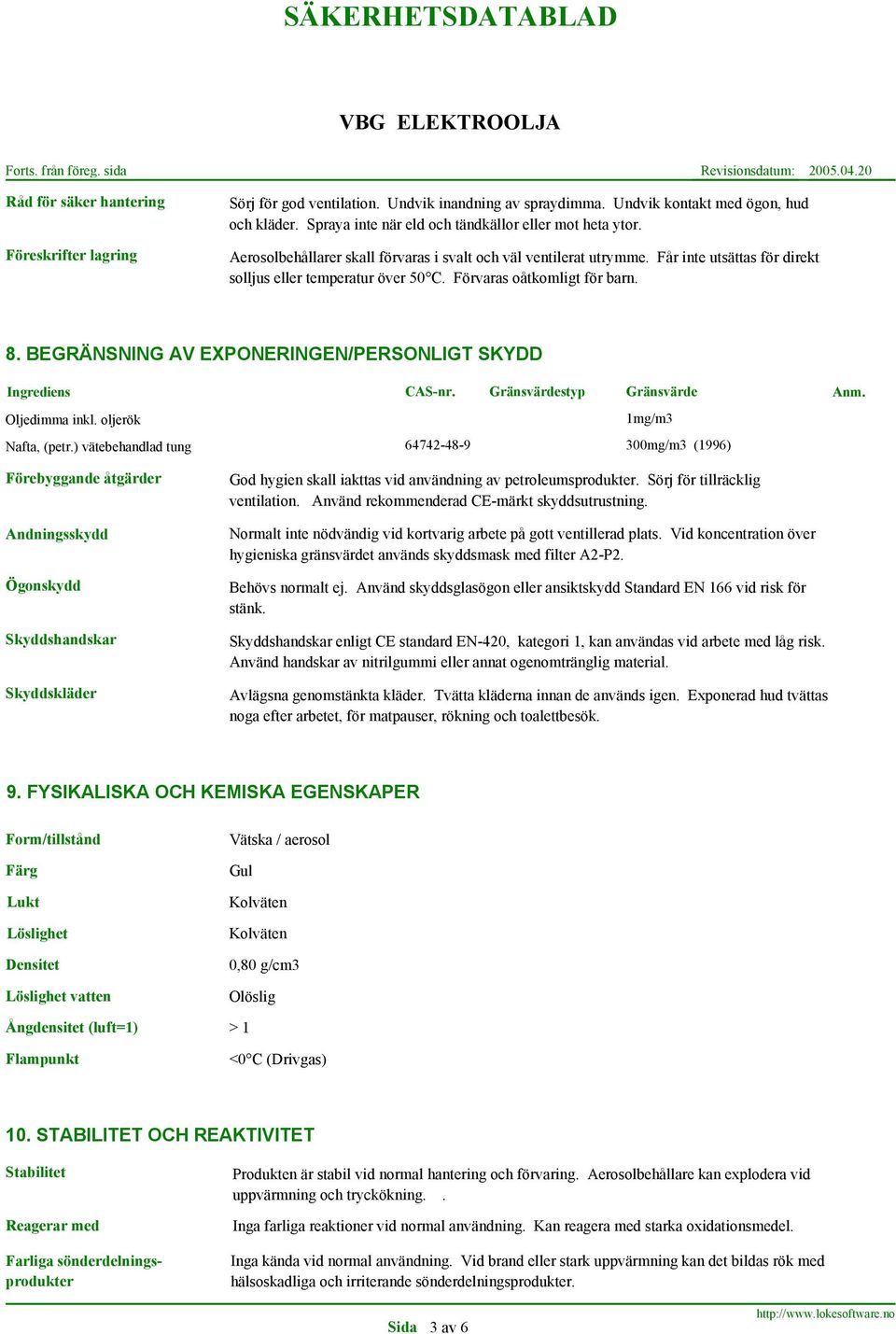 BEGRÄNSNING AV EXPONERINGEN/PERSONLIGT SKYDD Ingrediens CAS-nr. Gränsvärdestyp Gränsvärde Anm. Oljedimma inkl. oljerök 1mg/m3 Nafta, (petr.