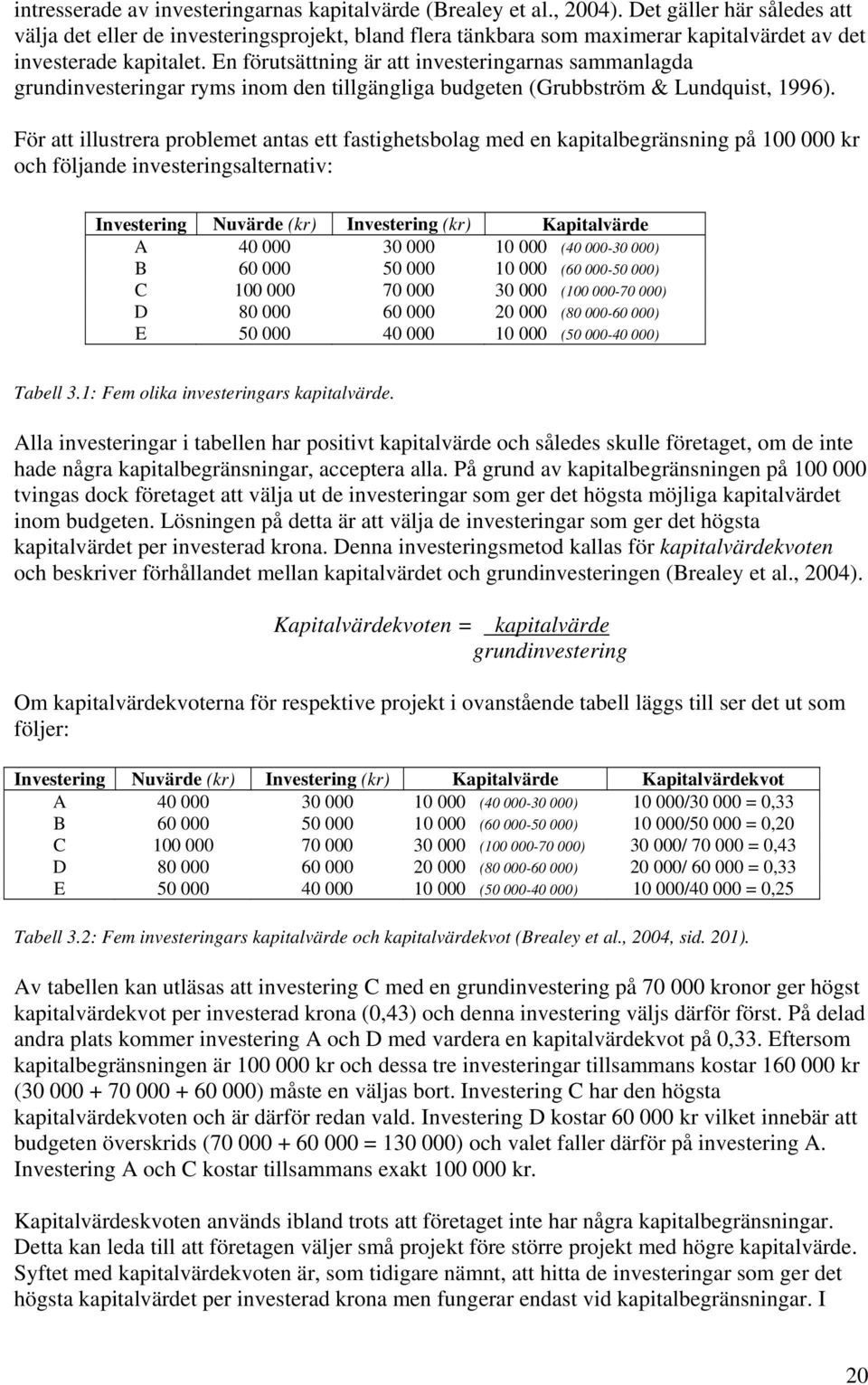 En förutsättning är att investeringarnas sammanlagda grundinvesteringar ryms inom den tillgängliga budgeten (Grubbström & Lundquist, 1996).