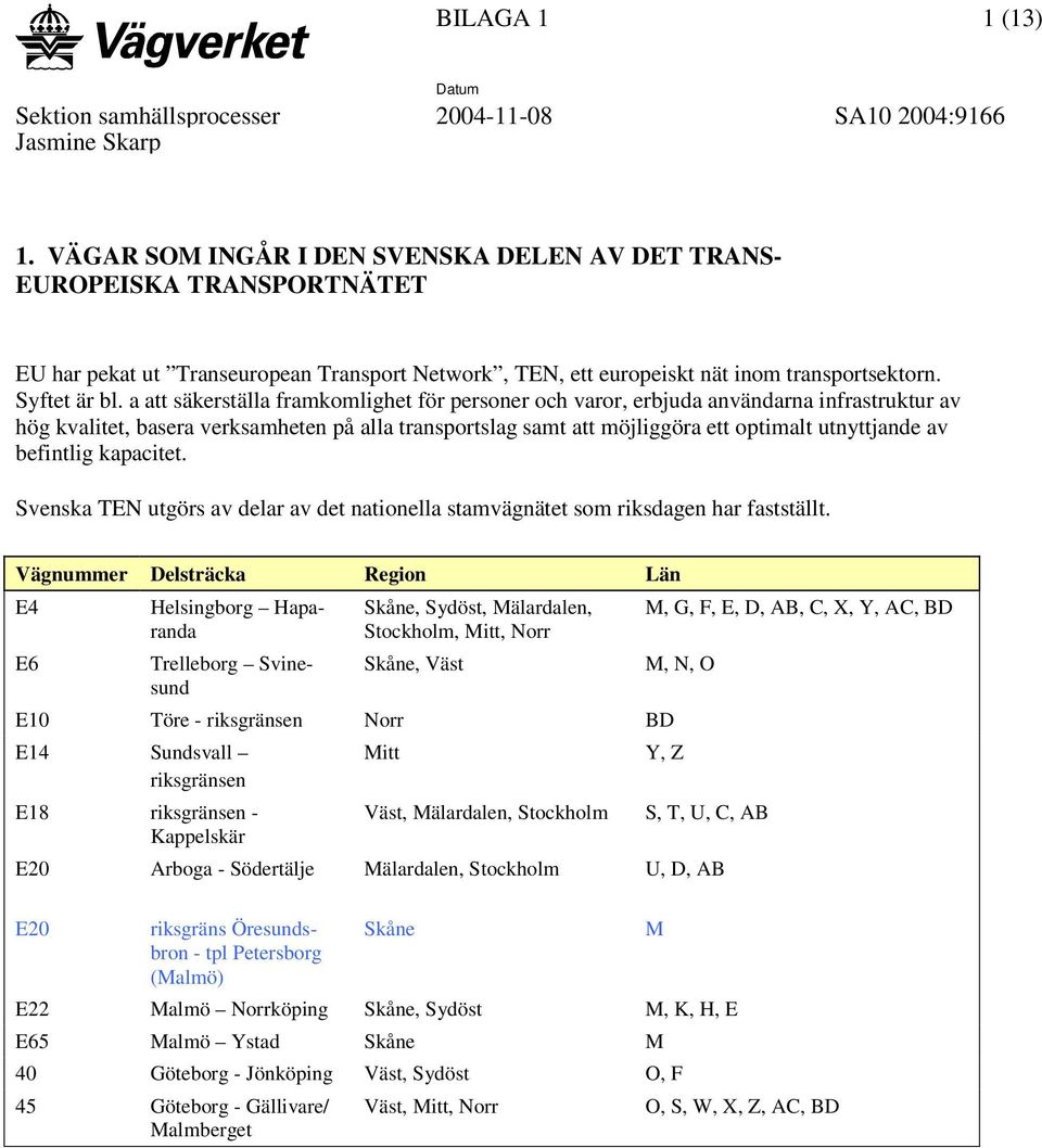 a att säkerställa framkomlighet för personer och varor, erbjuda användarna infrastruktur av hög kvalitet, basera verksamheten på alla transportslag samt att möjliggöra ett optimalt utnyttjande av