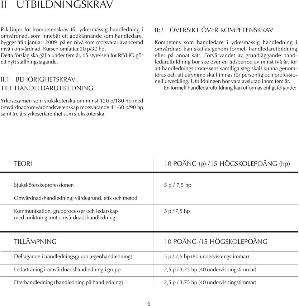 II:1 BEHÖRIGHETSKRAV TILL HANDLEDARUTBILDNING II:2 ÖVERSIKT ÖVER KOMPETENSKRAV Kompetens som handledare i yrkesmässig handledning i omvårdnad kan skaffas genom formell handledarutbildning eller på