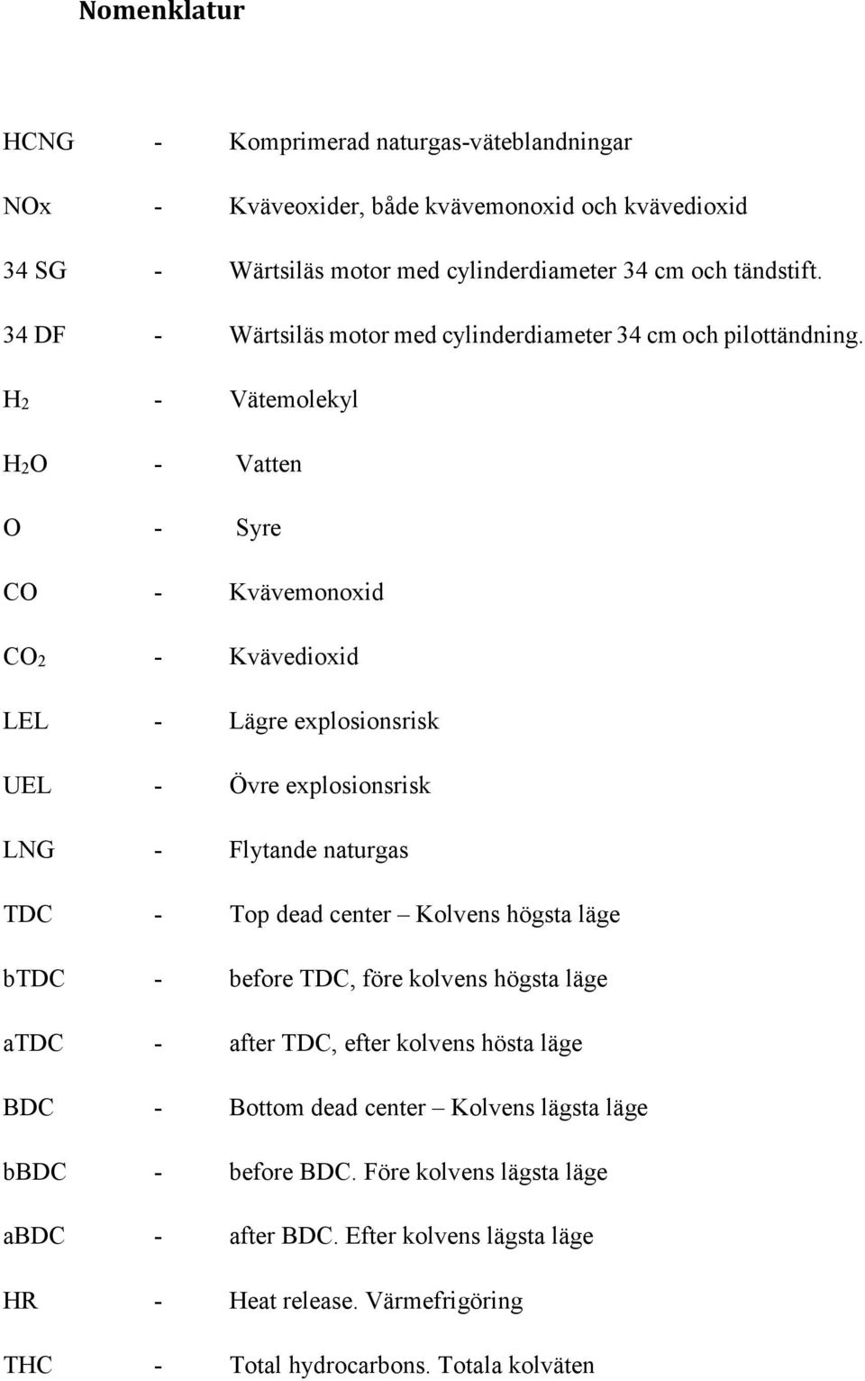 H2 - Vätemolekyl H2O - Vatten O - Syre CO - Kvävemonoxid CO2 - Kvävedioxid LEL - Lägre explosionsrisk UEL - Övre explosionsrisk LNG - Flytande naturgas TDC - Top dead center Kolvens