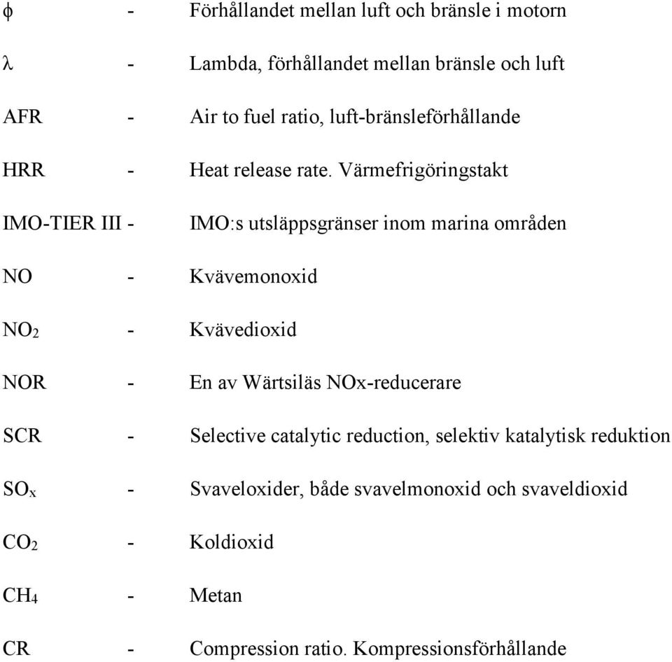 Värmefrigöringstakt IMO-TIER III - IMO:s utsläppsgränser inom marina områden NO - Kvävemonoxid NO2 - Kvävedioxid NOR - En av
