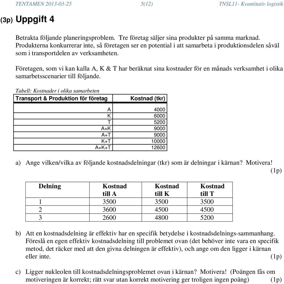 Företagen, som vi kan kalla A, K & T har beräknat sina kostnader för en månads verksamhet i olika samarbetsscenarier till följande.