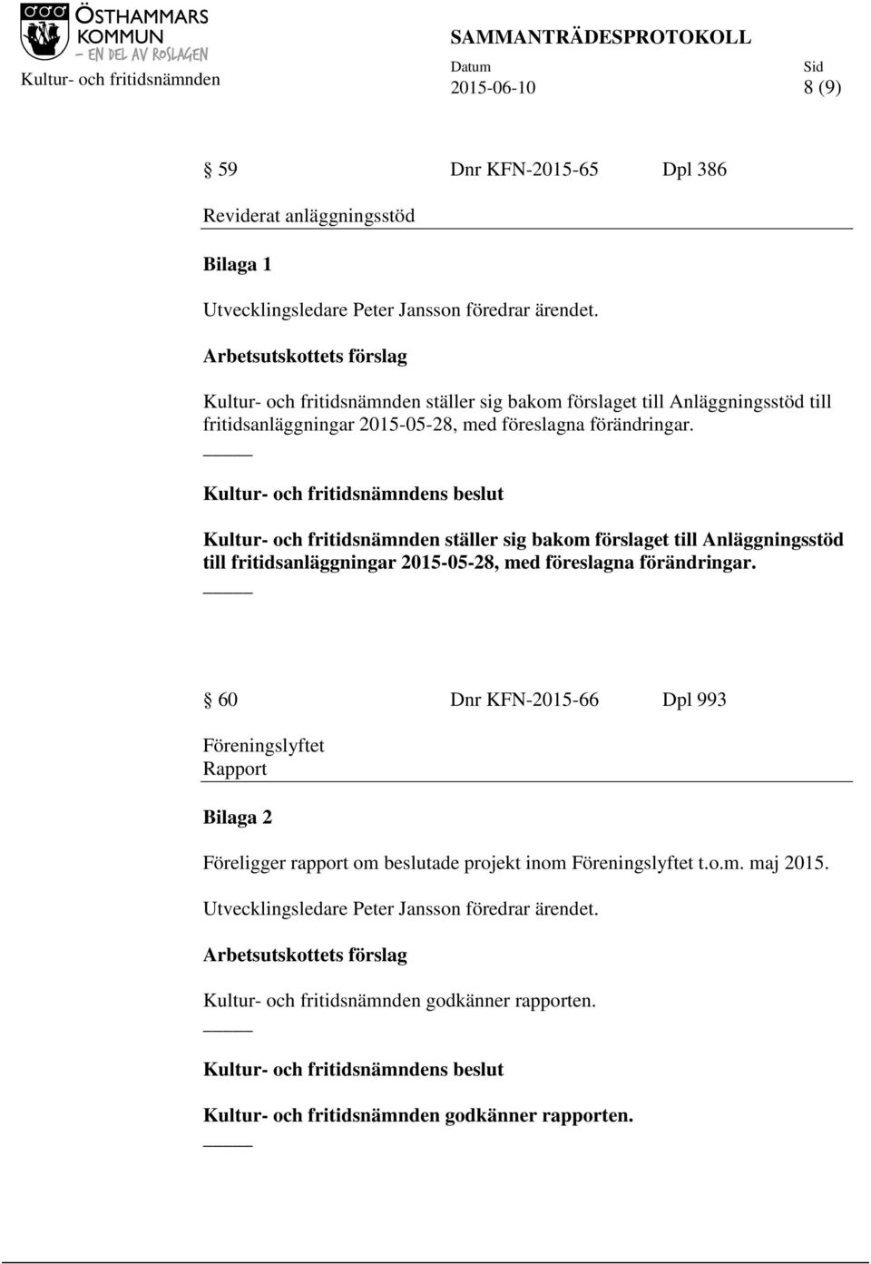 Kultur- och fritidsnämnden ställer sig bakom förslaget till  60 Dnr KFN-2015-66 Dpl 993 Föreningslyftet Rapport Bilaga 2 Föreligger rapport om