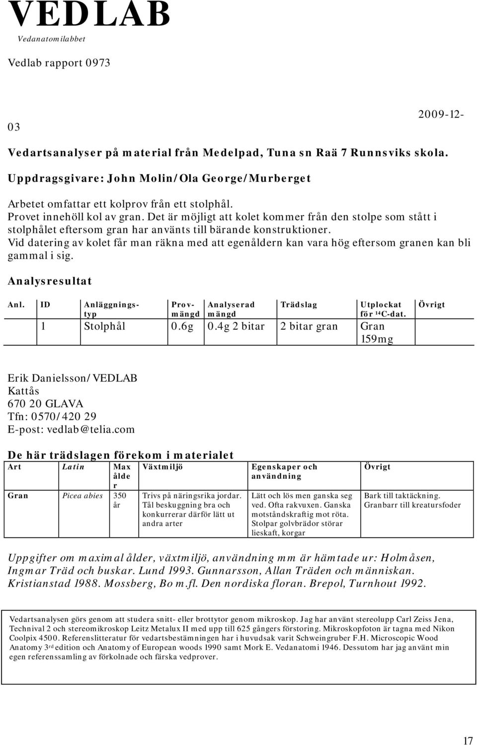 Det är möjligt att kolet kommer från den stolpe som stått i stolphålet eftersom gran har använts till bärande konstruktioner.