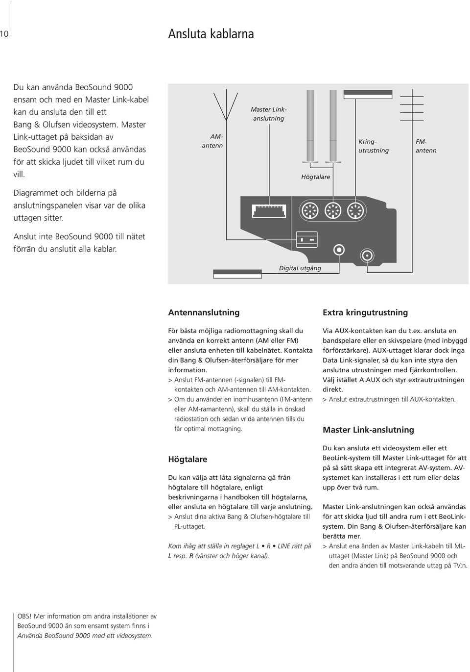 Högtalare Diagrammet och bilderna på anslutningspanelen visar var de olika uttagen sitter. Anslut inte BeoSound 9000 till nätet förrän du anslutit alla kablar.