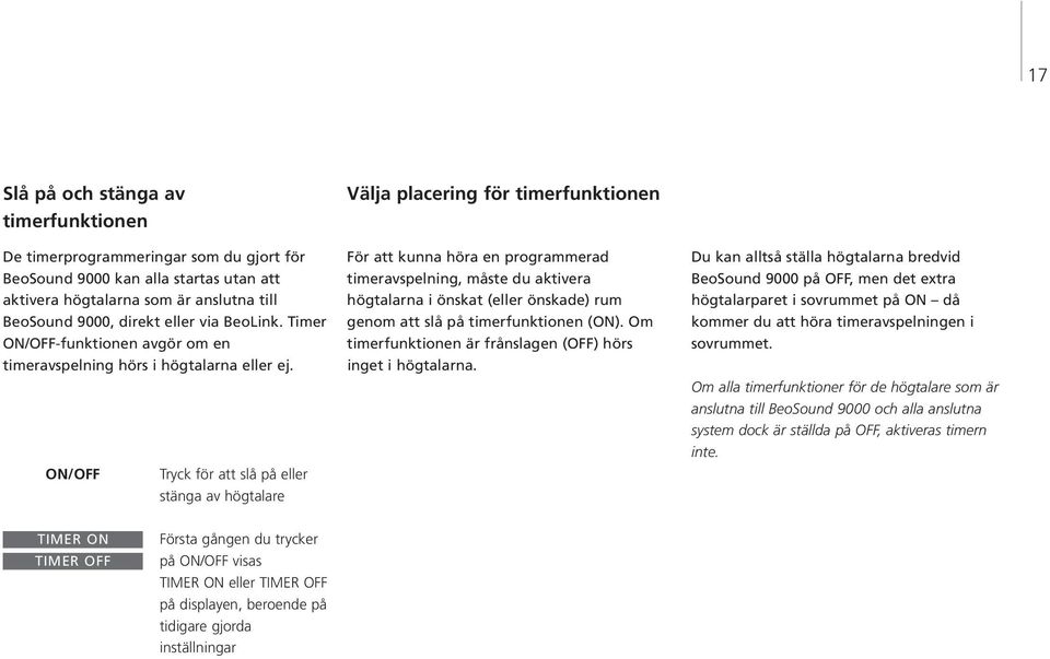 ON/OFF Tryck för att slå på eller stänga av högtalare Välja placering för timerfunktionen För att kunna höra en programmerad timeravspelning, måste du aktivera högtalarna i önskat (eller önskade) rum