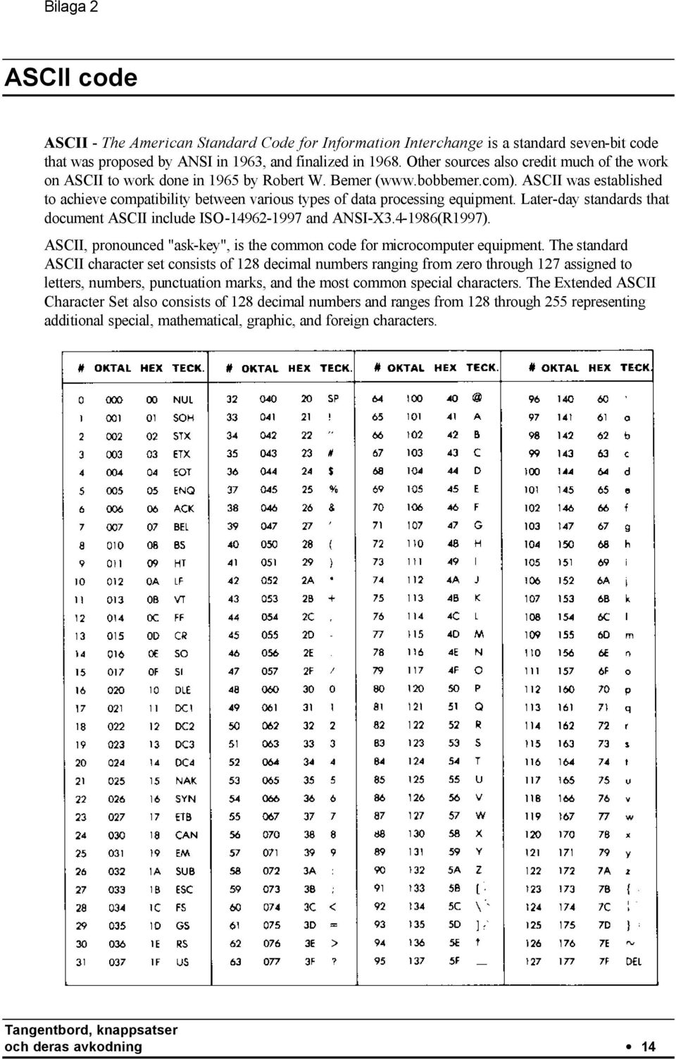 ASCII was established to achieve compatibility between various types of data processing equipment. Later-day standards that document ASCII include ISO-14962-199 and ANSI-X3.4-1986(R199).