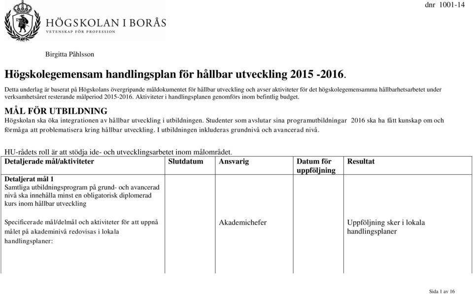 målperiod 2015-2016. Aktiviteter i handlingsplanen genomförs inom befintlig budget. MÅL FÖR UTBILDNING Högskolan ska öka integrationen av hållbar utveckling i utbildningen.