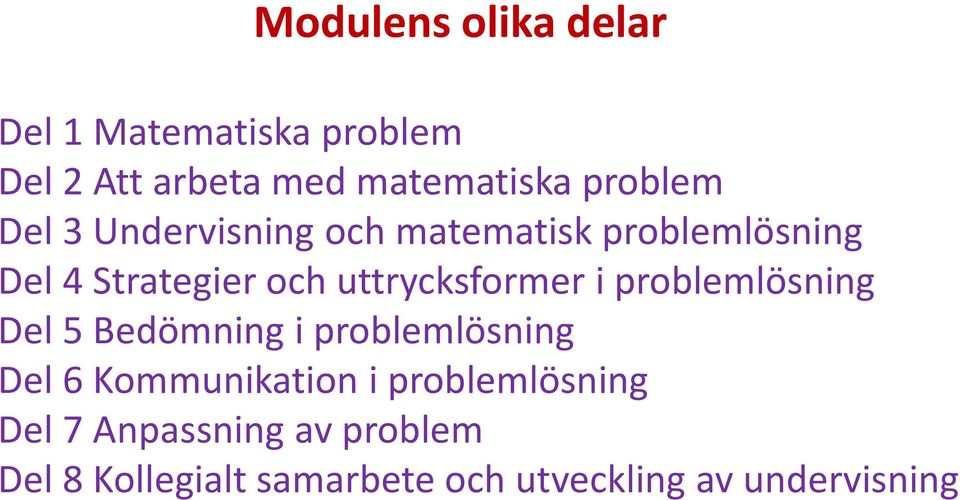 uttrycksformer i problemlösning Del 5 Bedömning i problemlösning Del 6 Kommunikation i