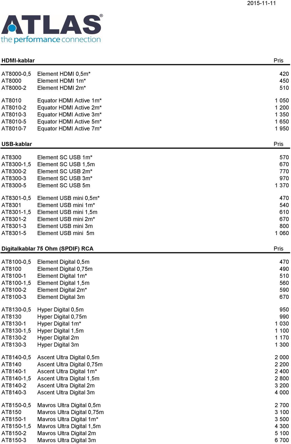 2m* 770 AT8300-3 Element SC USB 3m* 970 AT8300-5 Element SC USB 5m 1 370 AT8301-0,5 Element USB mini 0,5m* 470 AT8301 Element USB mini 1m* 540 AT8301-1,5 Element USB mini 1,5m 610 AT8301-2 Element