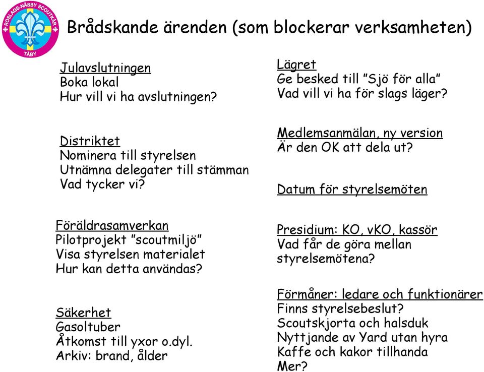Datum för styrelsemöten Föräldrasamverkan Pilotprojekt scoutmiljö Visa styrelsen materialet Hur kan detta användas? Säkerhet Gasoltuber Åtkomst till yxor o.dyl.