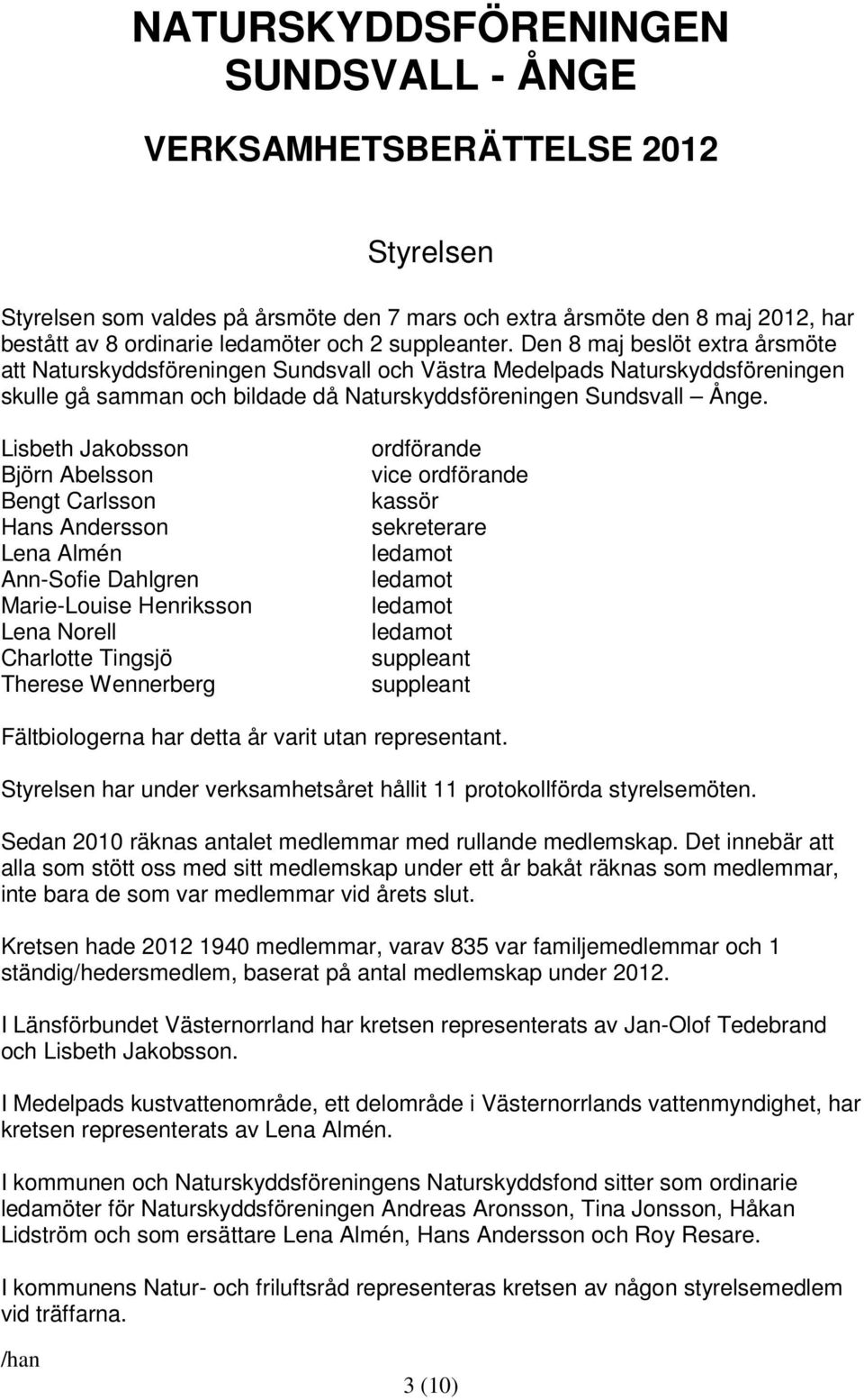 Lisbeth Jakobsson Björn Abelsson Bengt Carlsson Hans Andersson Lena Almén Ann-Sofie Dahlgren Marie-Louise Henriksson Lena Norell Charlotte Tingsjö Therese Wennerberg ordförande vice ordförande kassör