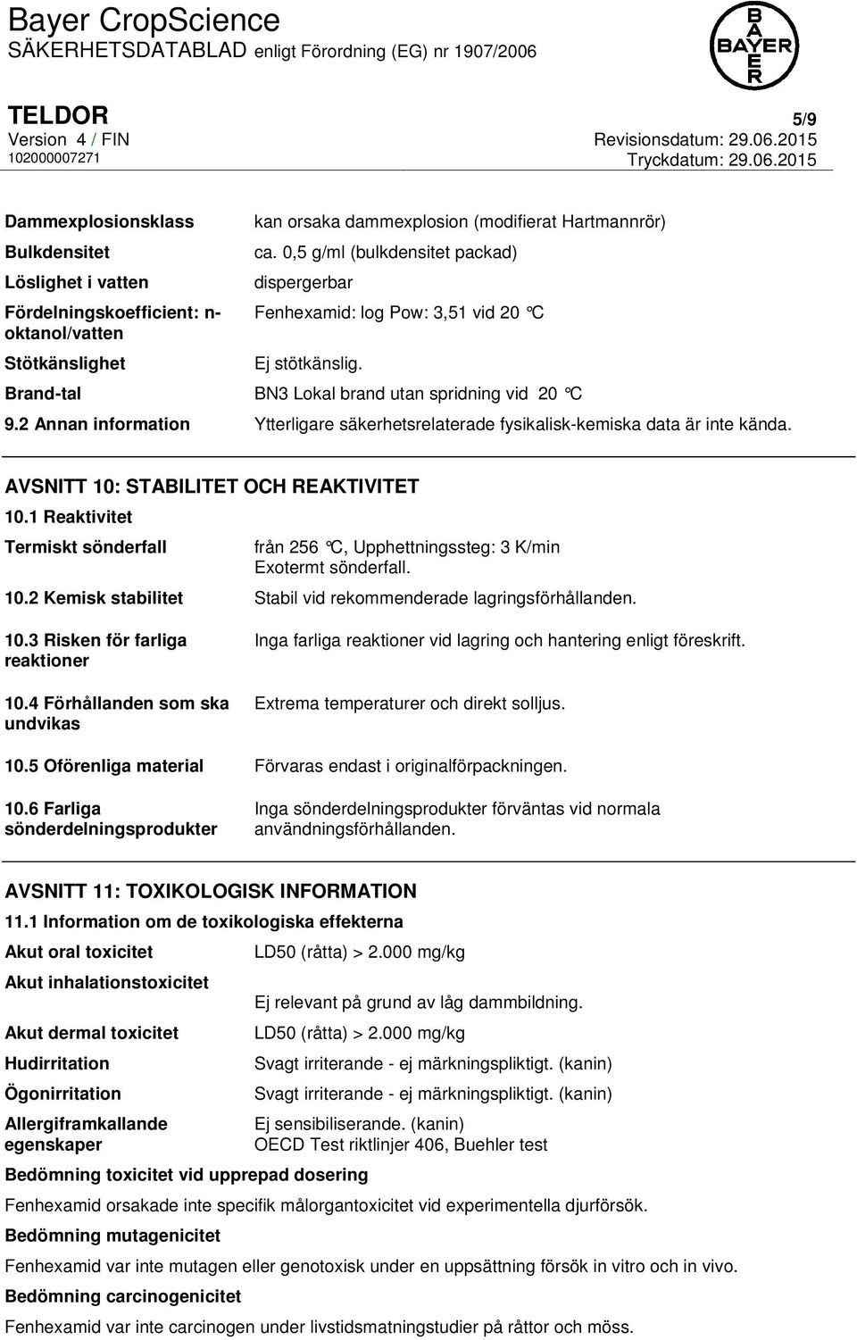 2 Annan information Ytterligare säkerhetsrelaterade fysikalisk-kemiska data är inte kända. AVSNITT 10: STABILITET OCH REAKTIVITET 10.