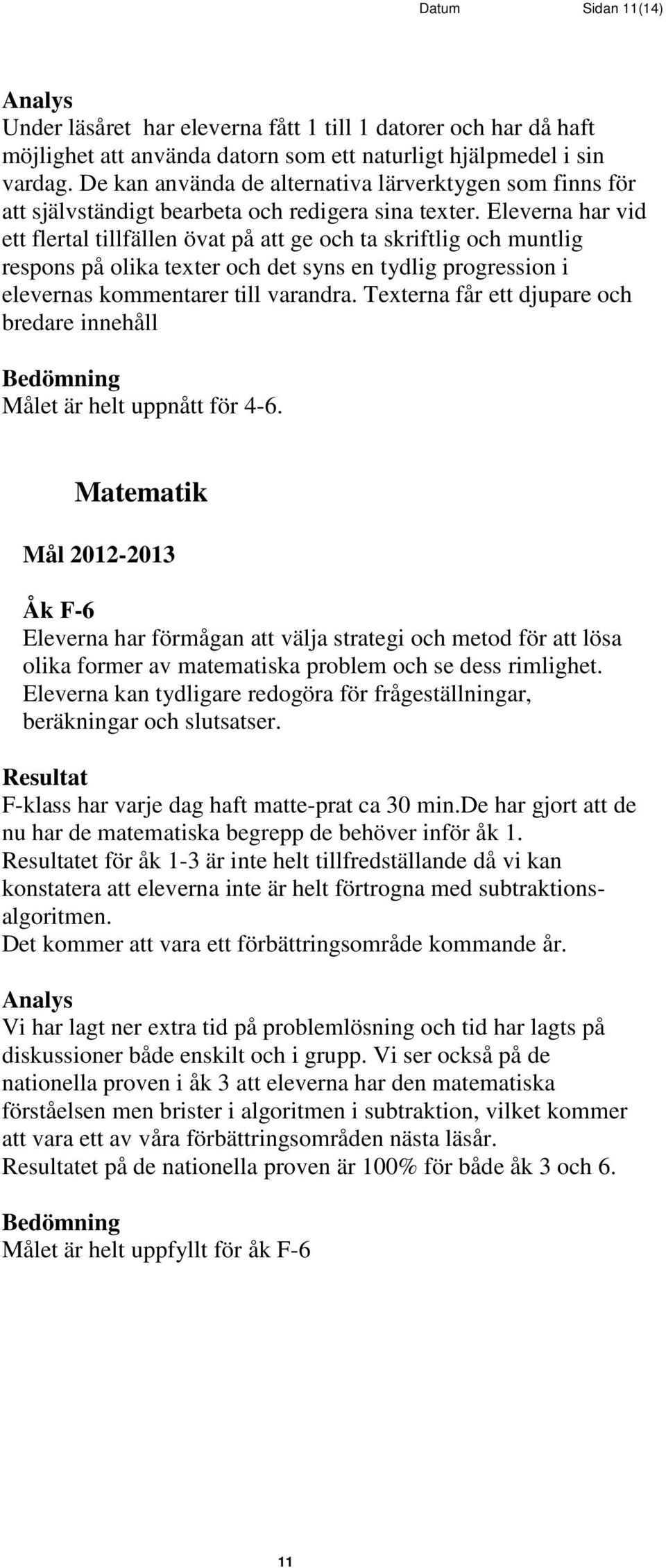 Eleverna har vid ett flertal tillfällen övat på att ge och ta skriftlig och muntlig respons på olika texter och det syns en tydlig progression i elevernas kommentarer till varandra.