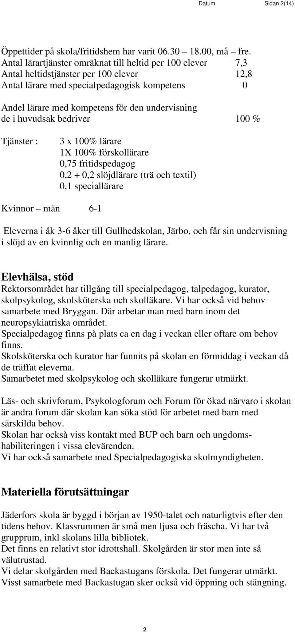 i huvudsak bedriver 100 % Tjänster : 3 x 100% lärare 1X 100% förskollärare 0,75 fritidspedagog 0,2 + 0,2 slöjdlärare (trä och textil) 0,1 speciallärare Kvinnor män 6-1 Eleverna i åk 3-6 åker till