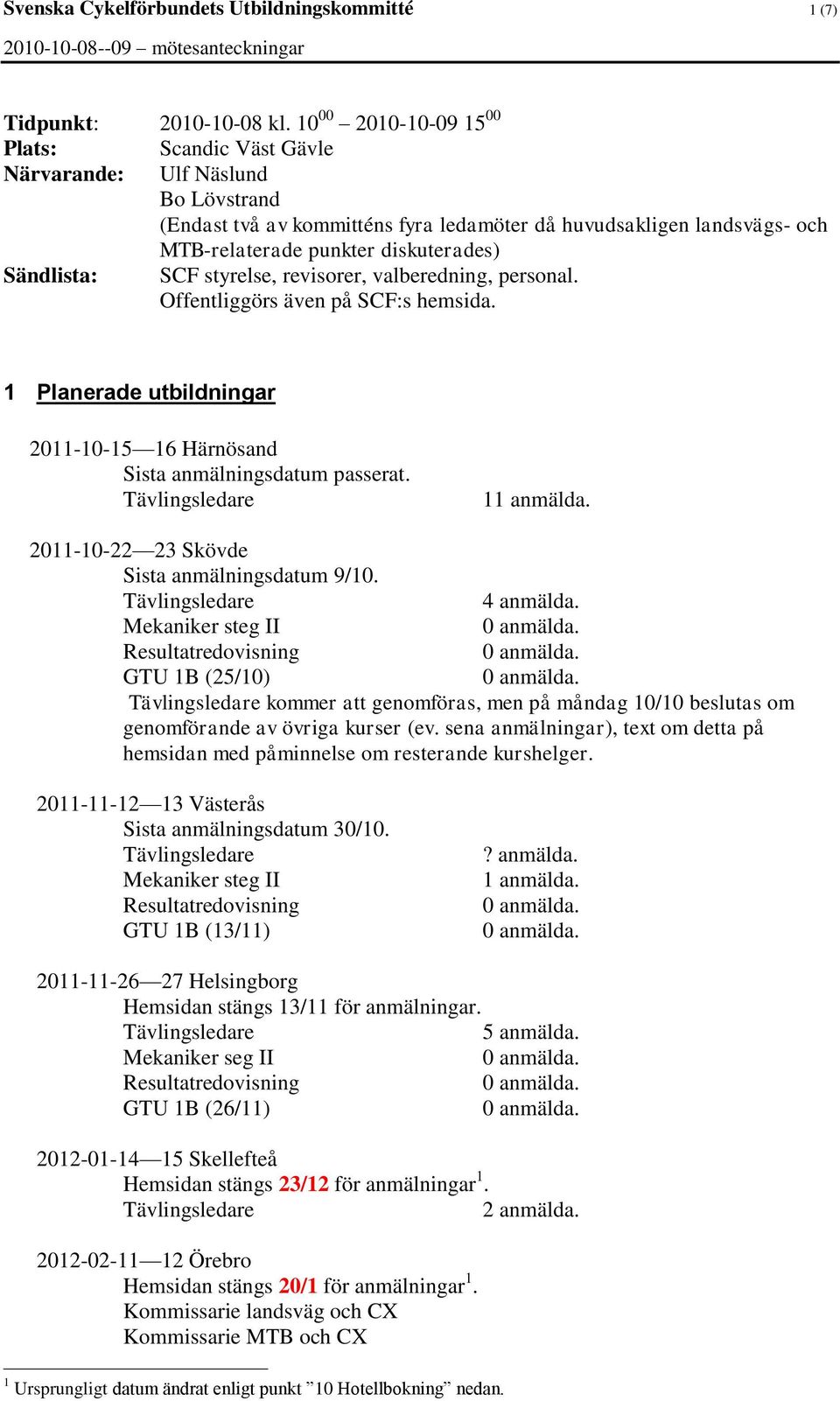 Sändlista: SCF styrelse, revisorer, valberedning, personal. Offentliggörs även på SCF:s hemsida. 1 Planerade utbildningar 2011-10-15 16 Härnösand Sista anmälningsdatum passerat. 11 anmälda.