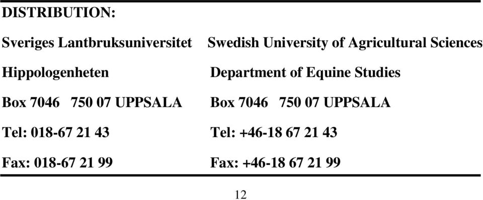 Department of Equine Studies Box 7046 750 07 UPPSALA Tel: 018-67