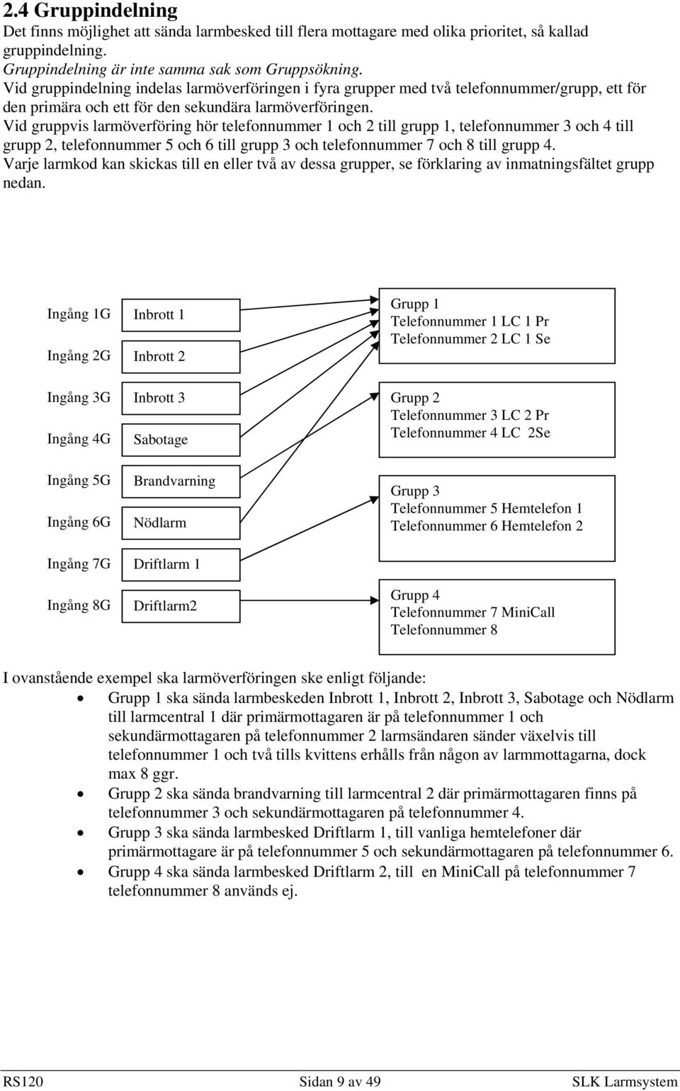 Vid gruppvis larmöverföring hör telefonnummer 1 och 2 till grupp 1, telefonnummer 3 och 4 till grupp 2, telefonnummer 5 och 6 till grupp 3 och telefonnummer 7 och 8 till grupp 4.