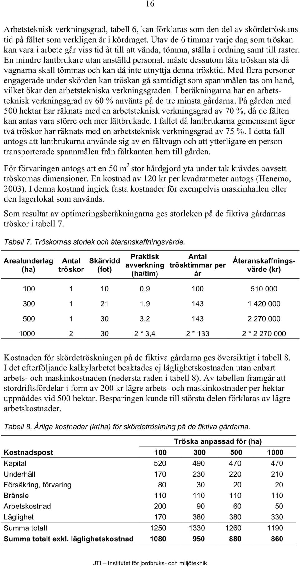 En mindre lantbrukare utan anställd personal, måste dessutom låta tröskan stå då vagnarna skall tömmas och kan då inte utnyttja denna trösktid.