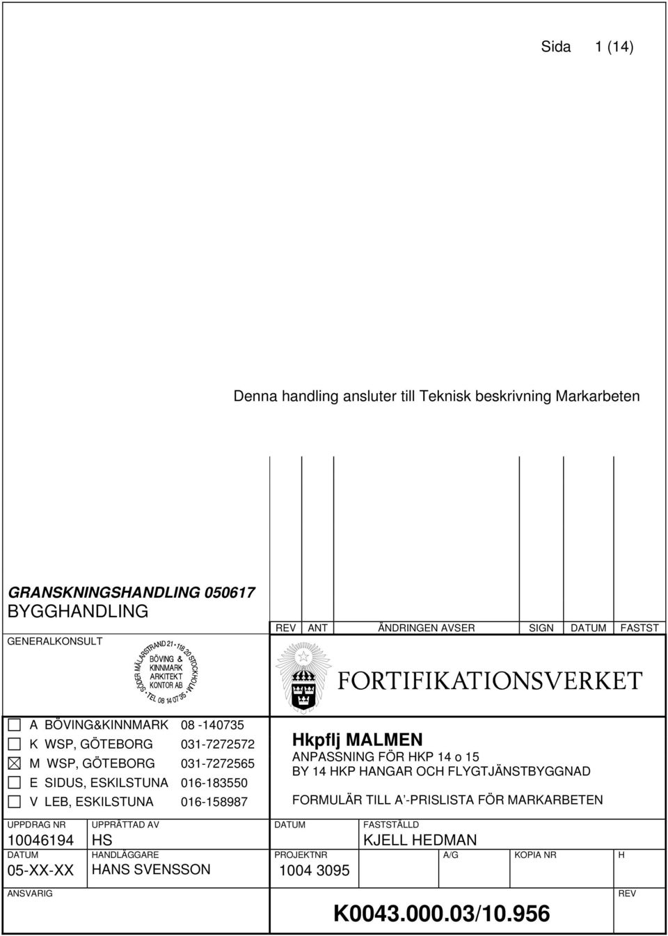 016-158987 Hkpflj MALMEN ANPASSNING FÖR HKP 14 o 15 BY 14 HKP HANGAR OCH FLYGTJÄNSTBYGGNAD FORMULÄR TILL A -PRISLISTA FÖR MARKARBETEN UPPDRAG NR