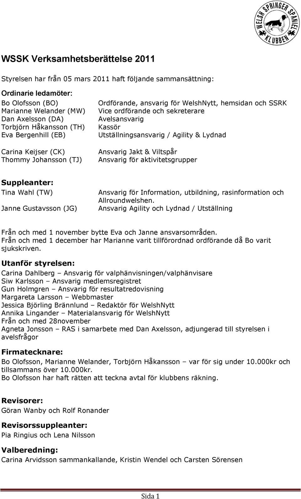 & Lydnad Ansvarig Jakt & Viltspår Ansvarig för aktivitetsgrupper Suppleanter: Tina Wahl (TW) Janne Gustavsson (JG) Ansvarig för Information, utbildning, rasinformation och Allroundwelshen.