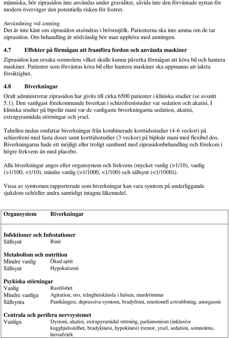 7 Effekter på förmågan att framföra fordon och använda maskiner Ziprasidon kan orsaka somnolens vilket skulle kunna påverka förmågan att köra bil och hantera maskiner.