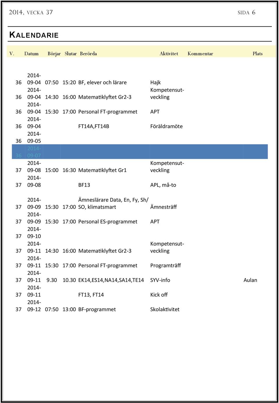 Personal FT programmet APT 09 04 FT14A,FT14B Föräldramöte 09 05 09 07 Kompetensutveckling 09 08 15:00 16:30 Matema kly et Gr1 09 08 BF13 APL, må to Ämneslärare Data, En, Fy, Sh/ 09