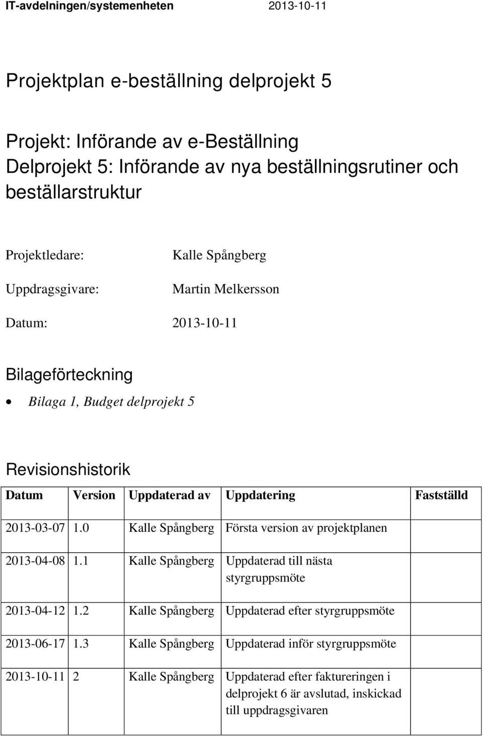 Fastställd 2013-03-07 1.0 Kalle Spångberg Första version av projektplanen 2013-04-08 1.1 Kalle Spångberg Uppdaterad till nästa styrgruppsmöte 2013-04-12 1.