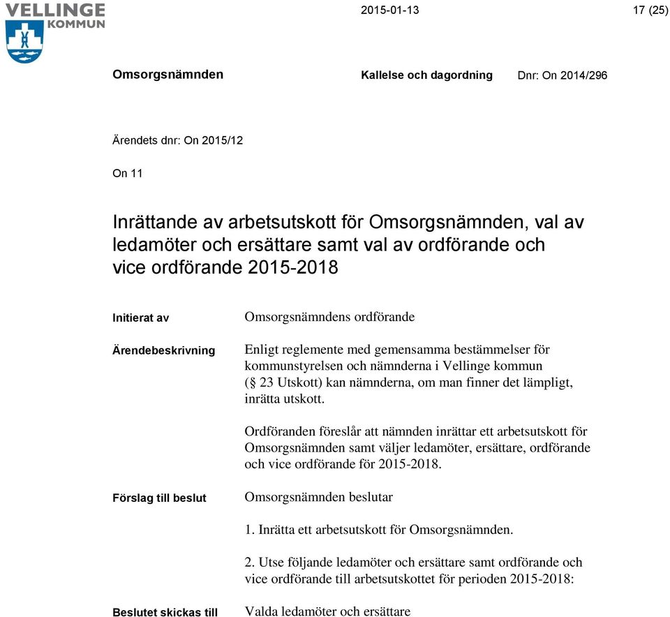 inrätta utskott. Ordföranden föreslår att nämnden inrättar ett arbetsutskott för samt väljer ledamöter, ersättare, ordförande och vice ordförande för 2015-2018. beslutar 1.