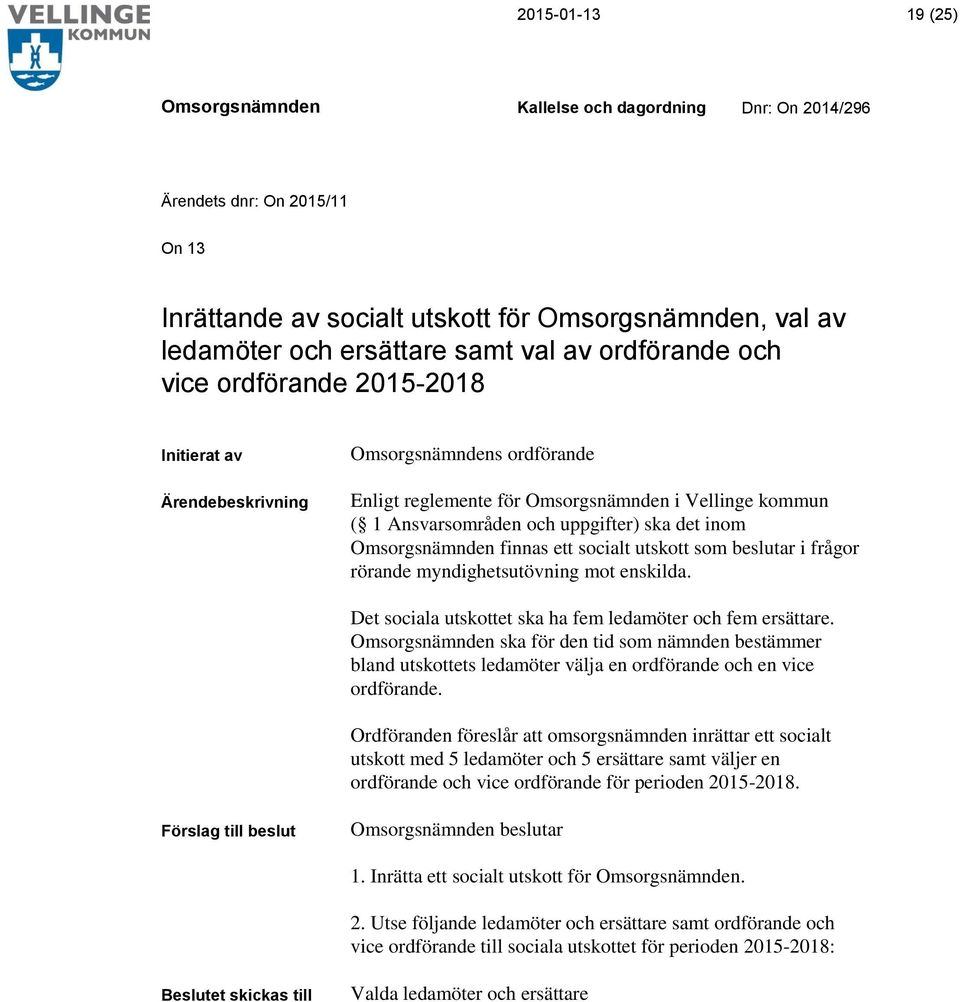 Det sociala utskottet ska ha fem ledamöter och fem ersättare. ska för den tid som nämnden bestämmer bland utskottets ledamöter välja en ordförande och en vice ordförande.