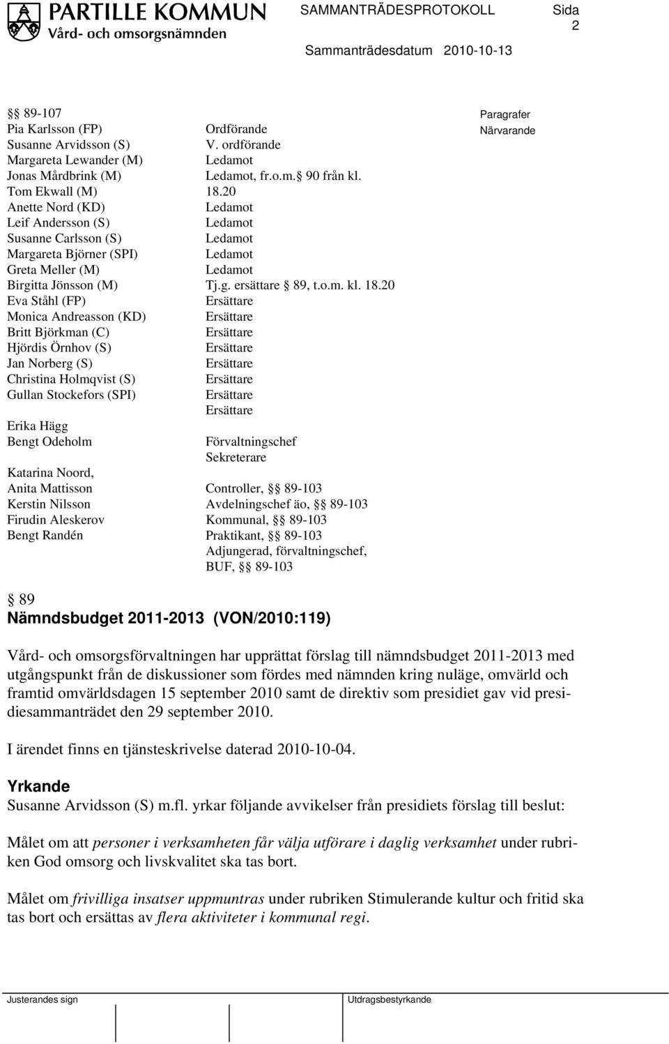 Katarina Noord, Anita Mattisson Kerstin Nilsson Firudin Aleskerov Bengt Randén Ordförande V. ordförande Ledamot Ledamot, fr.o.m. 90 från kl. 18.20 Ledamot Ledamot Ledamot Ledamot Ledamot Tj.g. ersättare 89, t.