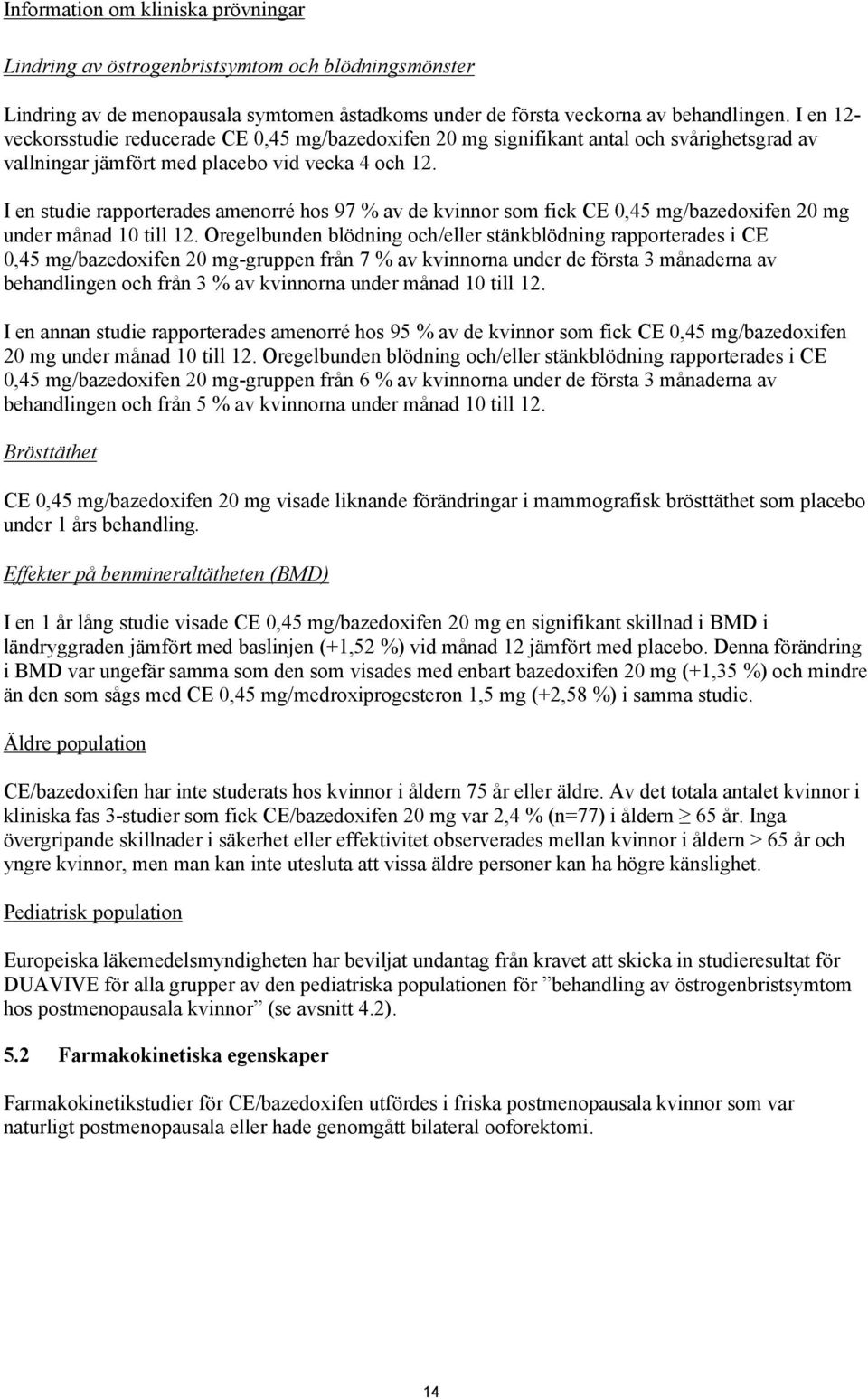 I en studie rapporterades amenorré hos 97 % av de kvinnor som fick CE 0,45 mg/bazedoxifen 20 mg under månad 10 till 12.