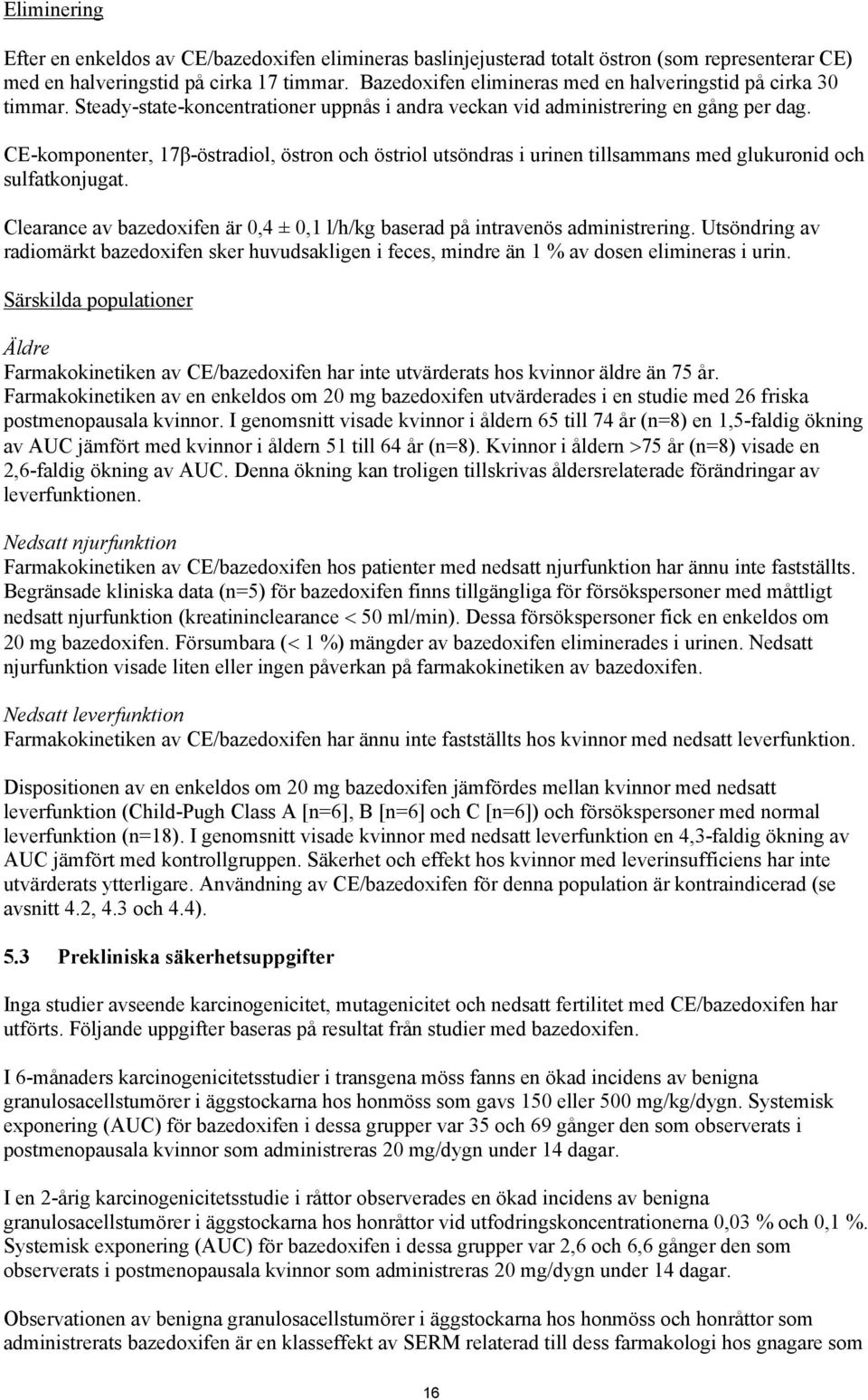 CE-komponenter, 17β-östradiol, östron och östriol utsöndras i urinen tillsammans med glukuronid och sulfatkonjugat. Clearance av bazedoxifen är 0,4 ± 0,1 l/h/kg baserad på intravenös administrering.