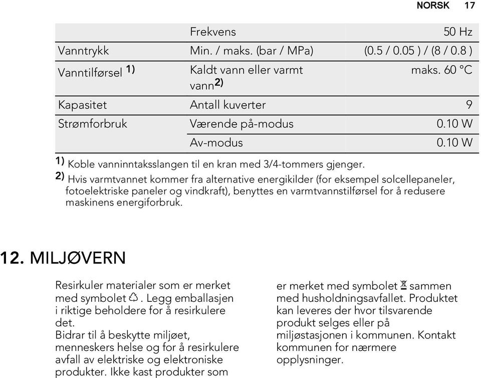 2) Hvis varmtvannet kommer fra alternative energikilder (for eksempel solcellepaneler, fotoelektriske paneler og vindkraft), benyttes en varmtvannstilførsel for å redusere maskinens energiforbruk. 12.