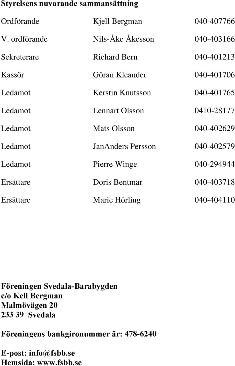 Ledamot Lennart Olsson 0410-28177 Ledamot Mats Olsson 040-402629 Ledamot JanAnders Persson 040-402579 Ledamot Pierre Winge 040-294944 Ersättare