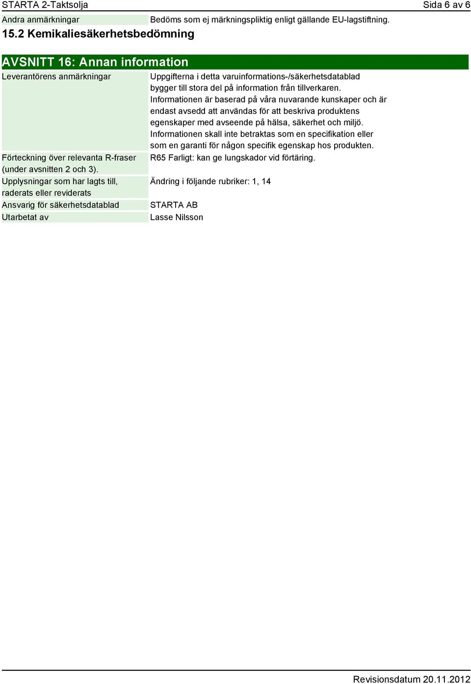 Upplysningar som har lagts till, raderats eller reviderats Ansvarig för säkerhetsdatablad Utarbetat av Bedöms som ej märkningspliktig enligt gällande EU-lagstiftning.
