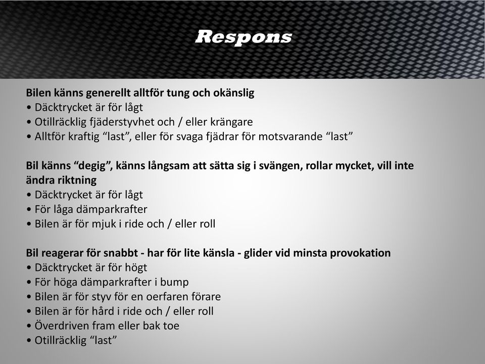 låga dämparkrafter Bilen är för mjuk i ride och / eller roll Bil reagerar för snabbt - har för lite känsla - glider vid minsta provokation Däcktrycket är för