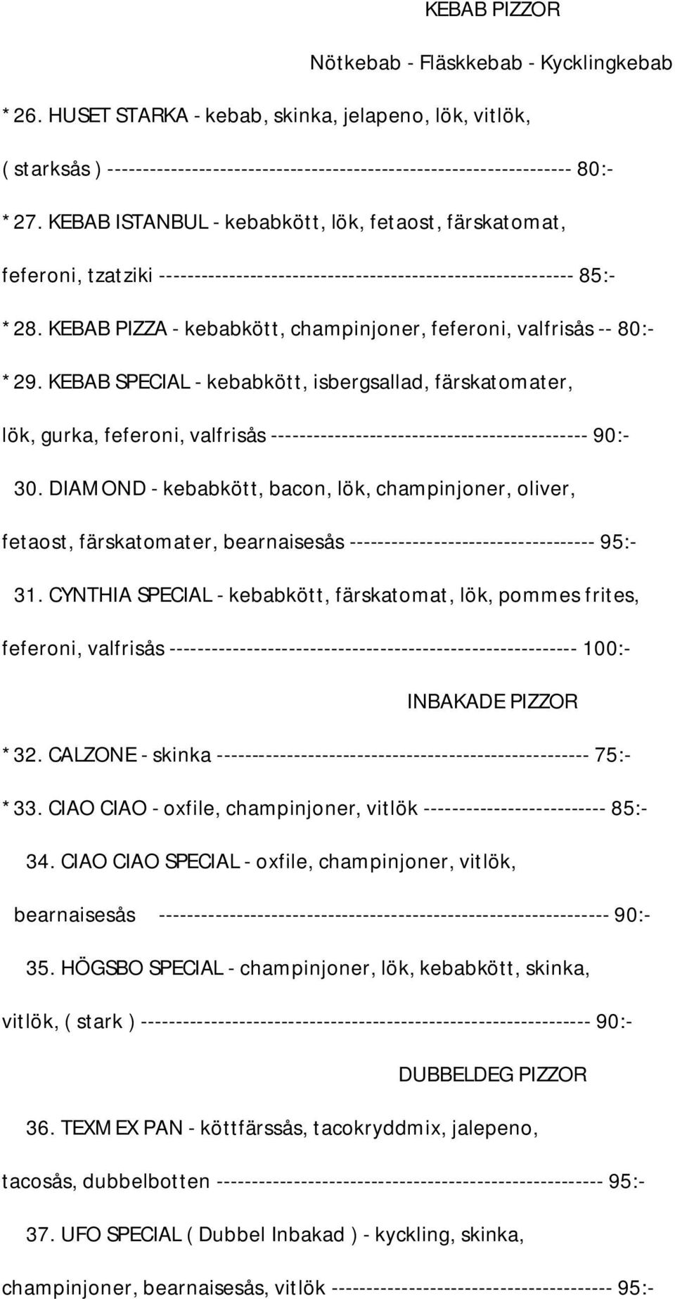 KEBAB PIZZA - kebabkött, champinjoner, feferoni, valfrisås -- 80:- *29.