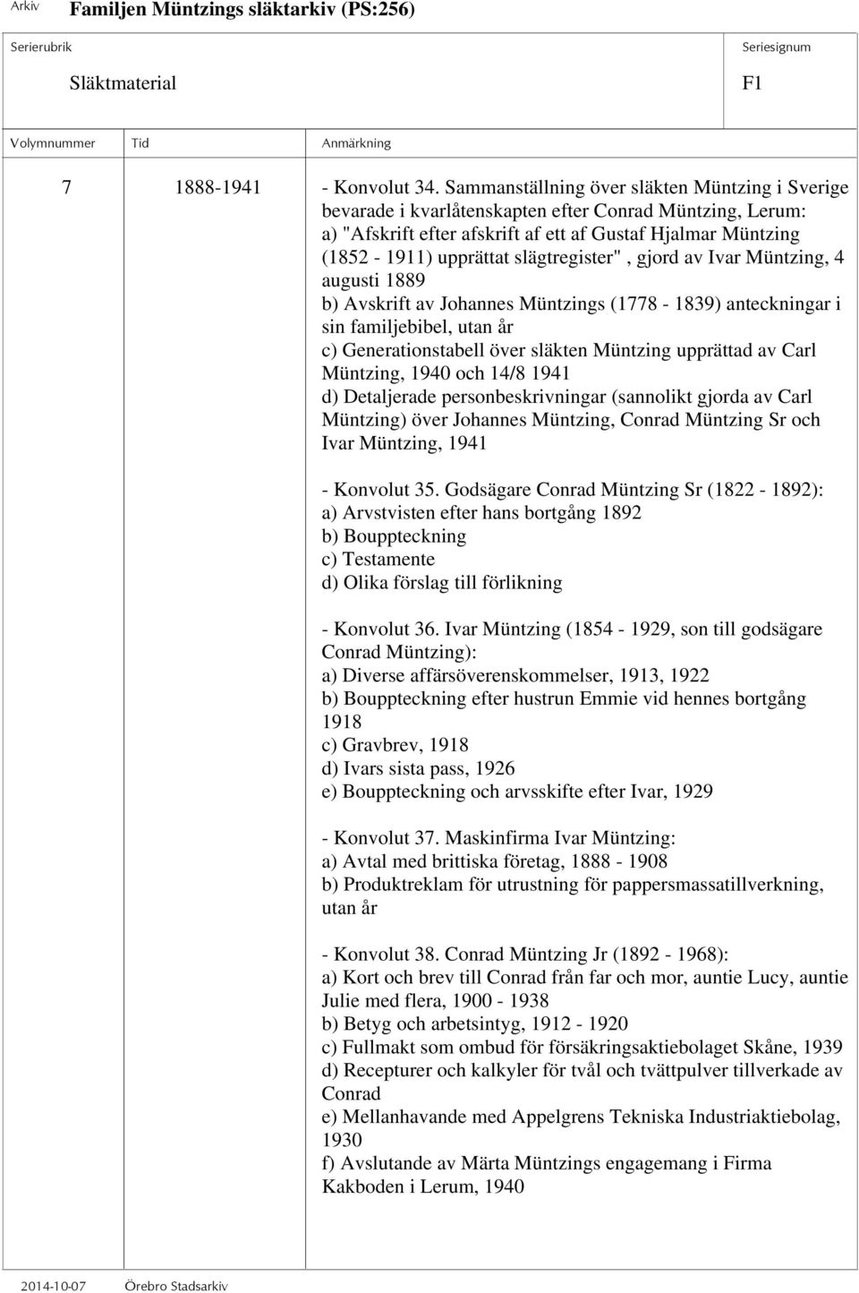 slägtregister", gjord av Ivar Müntzing, 4 augusti 1889 b) Avskrift av Johannes Müntzings (1778-1839) anteckningar i sin familjebibel, utan år c) Generationstabell över släkten Müntzing upprättad av