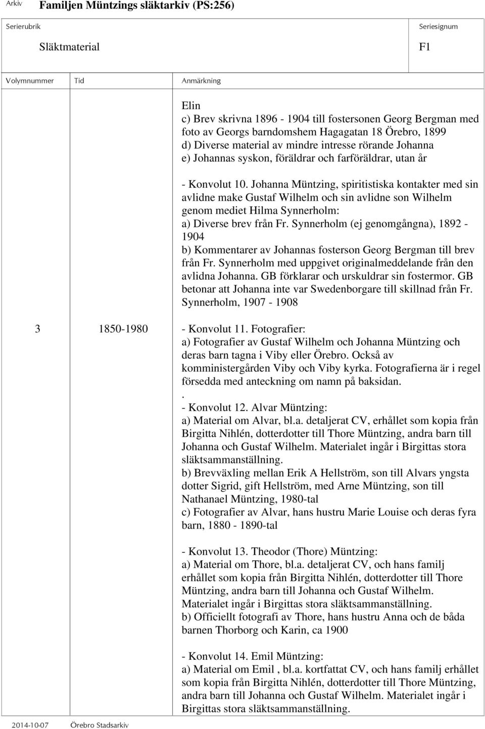 Johanna Müntzing, spiritistiska kontakter med sin avlidne make Gustaf Wilhelm och sin avlidne son Wilhelm genom mediet Hilma Synnerholm: a) Diverse brev från Fr.