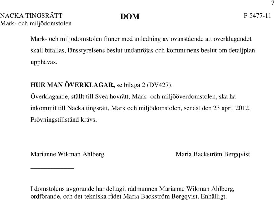 Överklagande, ställt till Svea hovrätt,, ska ha inkommit till Nacka tingsrätt, Mark och miljödomstolen, senast den 23 april 2012. Prövningstillstånd krävs.