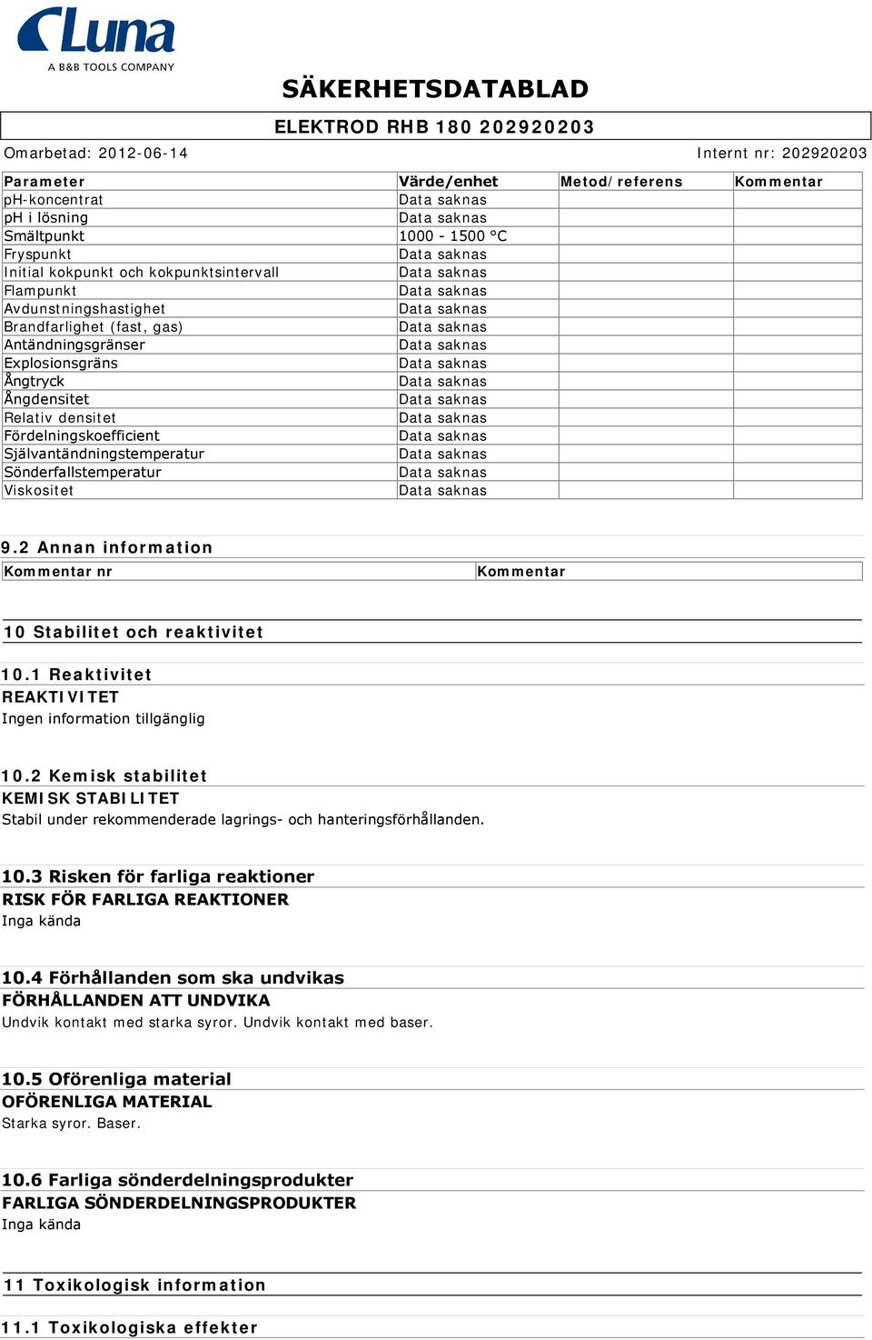 2 Annan information Kommentar nr Kommentar 10 Stabilitet och reaktivitet 10.1 Reaktivitet REAKTIVITET 10.