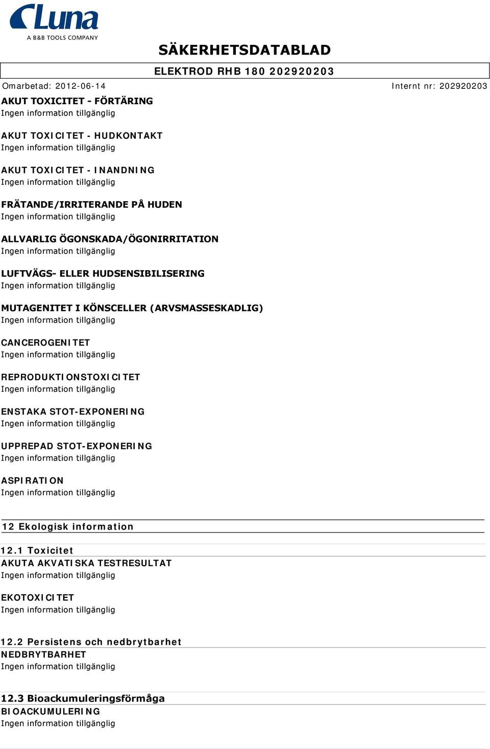 REPRODUKTIONSTOXICITET ENSTAKA STOT-EXPONERING UPPREPAD STOT-EXPONERING ASPIRATION 12 Ekologisk information 12.