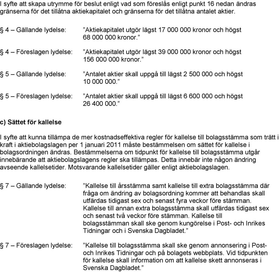 5 Gällande lydelse: Antalet aktier skall uppgå till lägst 2 500 000 och högst 10 000 000. 5 Föreslagen lydelse: Antalet aktier skall uppgå till lägst 6 600 000 och högst 26 400 000.